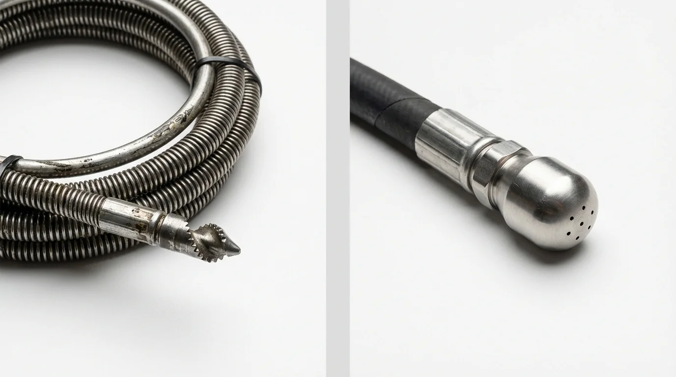 Drain snake cable and hydro jetting nozzle used for drain cleaning in Milton, WV