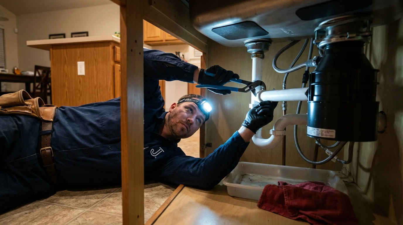 P-trap and supply line connections under a kitchen sink showing a common leak point in Milton, WV